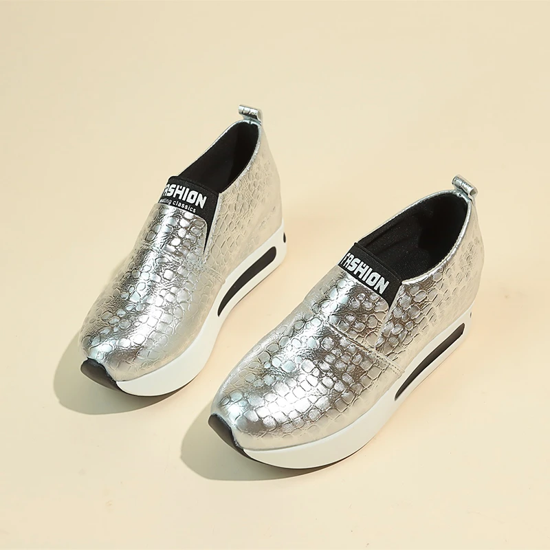 Modische Damen Metallic-Krokodil-Textur Slip-On Versteckter Keilabsatz Plateau-Schuhe Damen Höhenverstärkende Casual Walking Loafers Sneakers – Detail 11