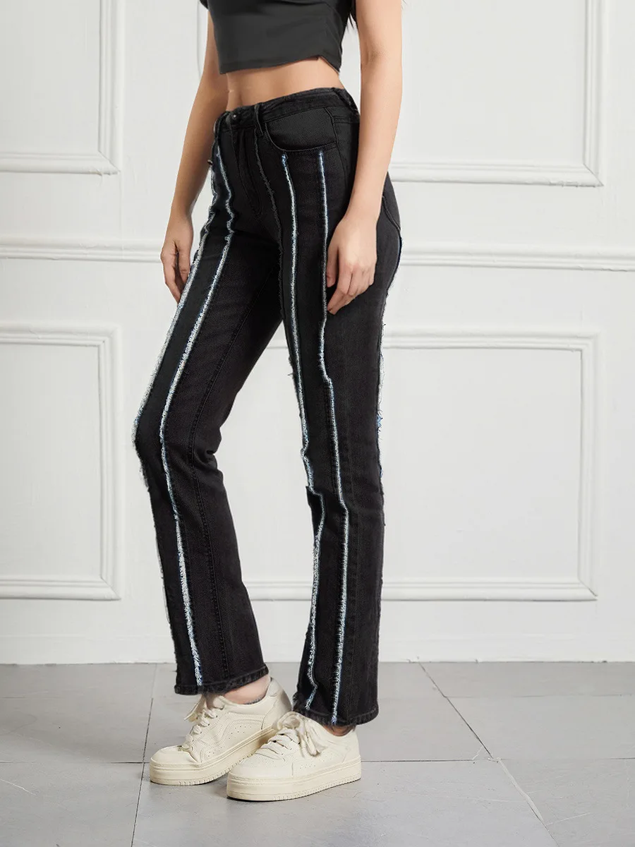 Women Denim Straight Pants Fashion Slim Edge Splicing Jeans Leggings Stretch Leggins Trousers Spring Elastic Vintage Streetwear