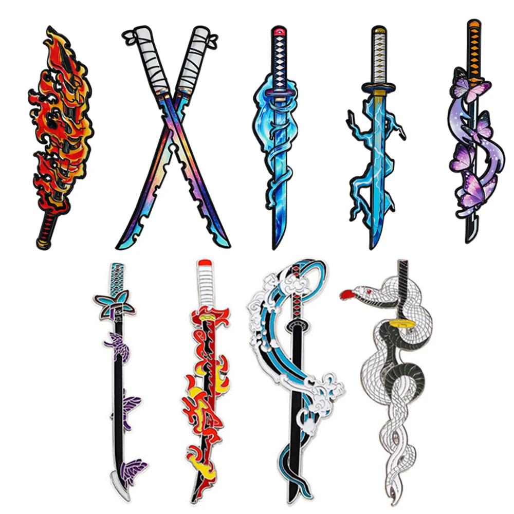 Demon Slayer Nichirin Schwert Emaille-Pin-Set 4/5/9-teilig Anime Katana Brosche Kollektion Tanjiro Zenitsu Inosuke Themen-Anstecknadeln