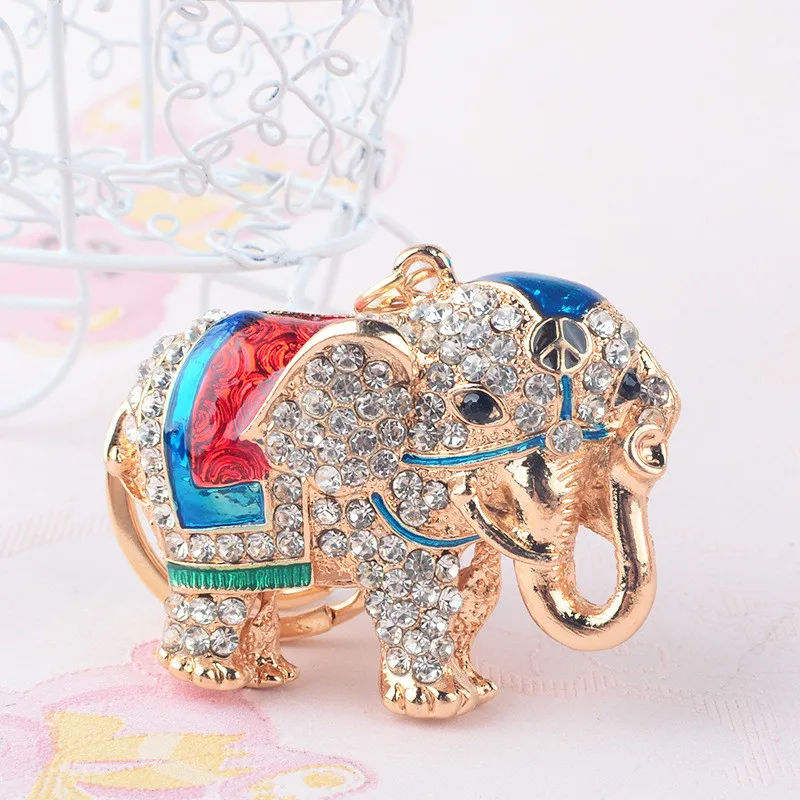 3D Auspicious Elephant Key Holder Chains Whole Enamel Colorful Crystal Bag Pendant Keyrings KeyChains For Women