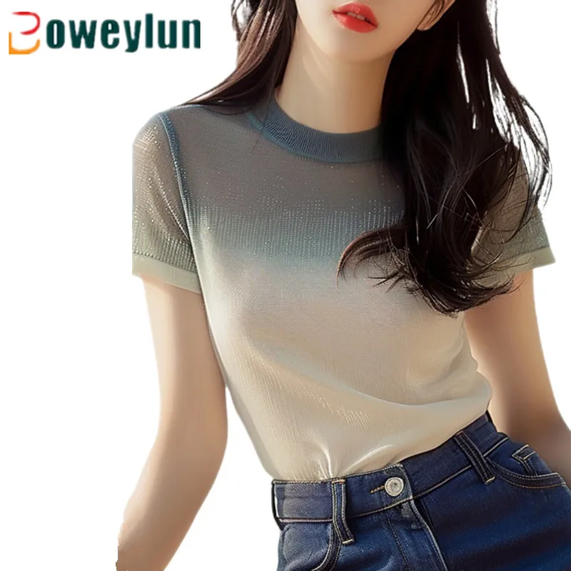 

Boweylun New Gradient Color Casual Round Neck Short Sleeve T-shirt Women's Summer Skin-friendly Breathable Slim Tops Girls