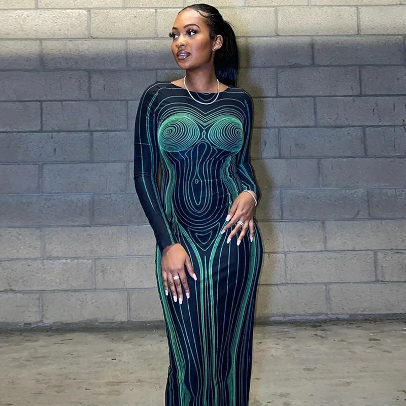 Striped Print Backless Long Sleeve Maxi Bodycon Dress 2024 Spring Autumn Women Sexy O Neck Skinny Long Dress Club Party