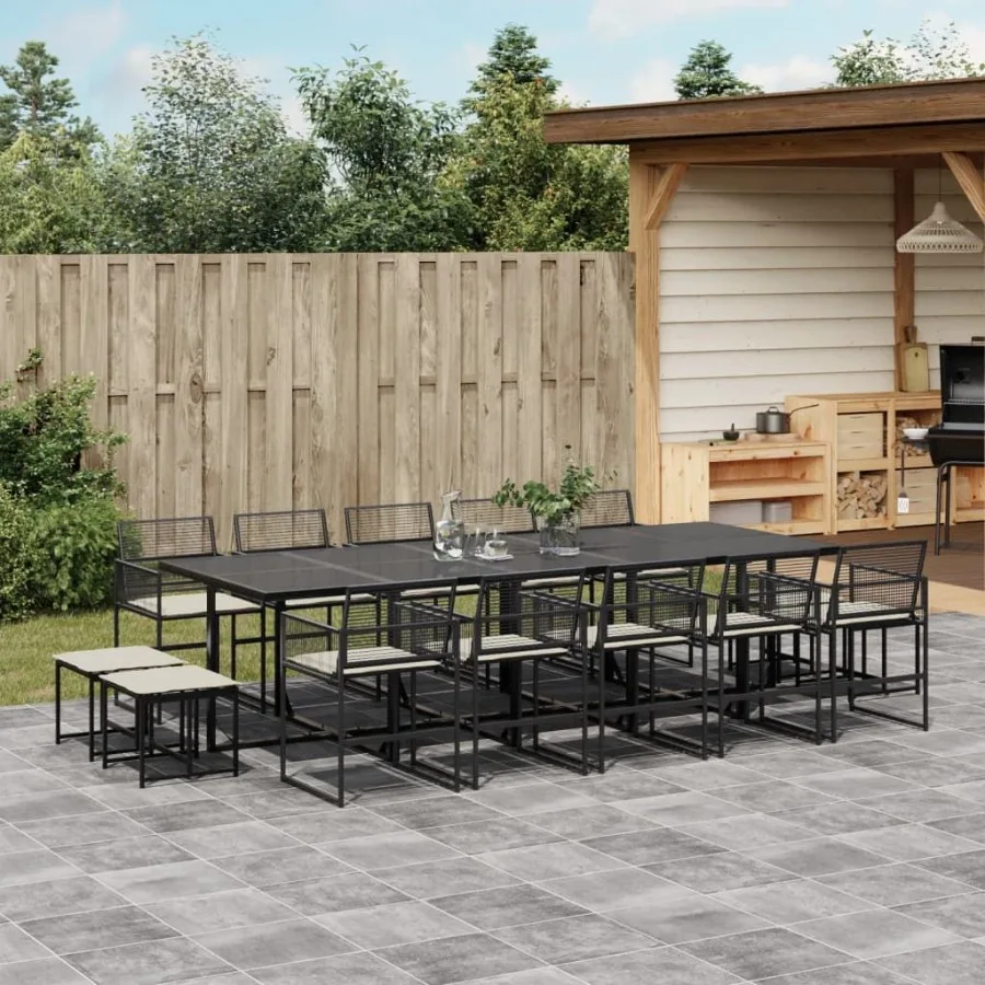 

Garden Dining Set Black Cream White PE Rattan 15 Piece Set