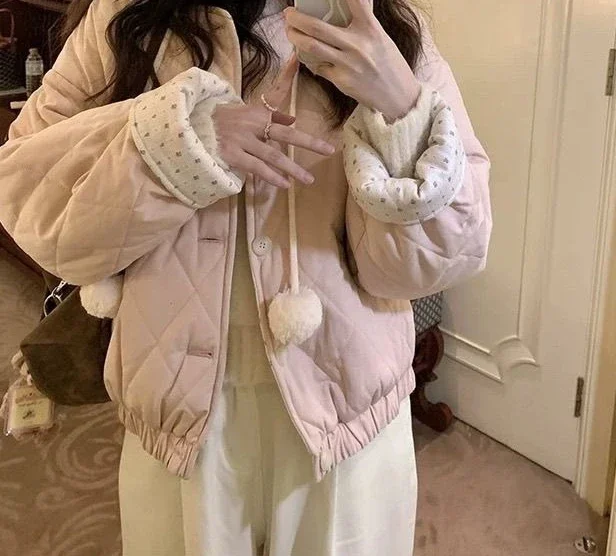 

Winter New Pink Floral Double-sided Cotton Jacket 2025 Loose Cotton Jacket Warm Cotton Jacket