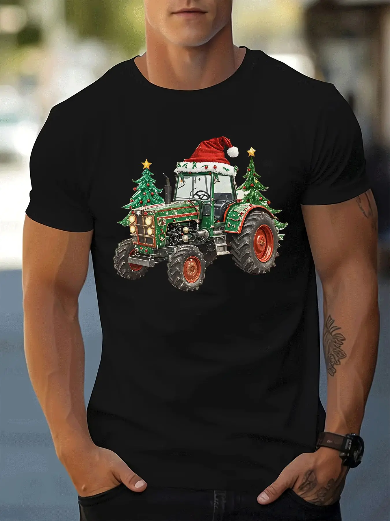 

Christmas Tractor Graphic Tee Men Short Sleeve Round Neck Cotton Casual Trip T-Shirt