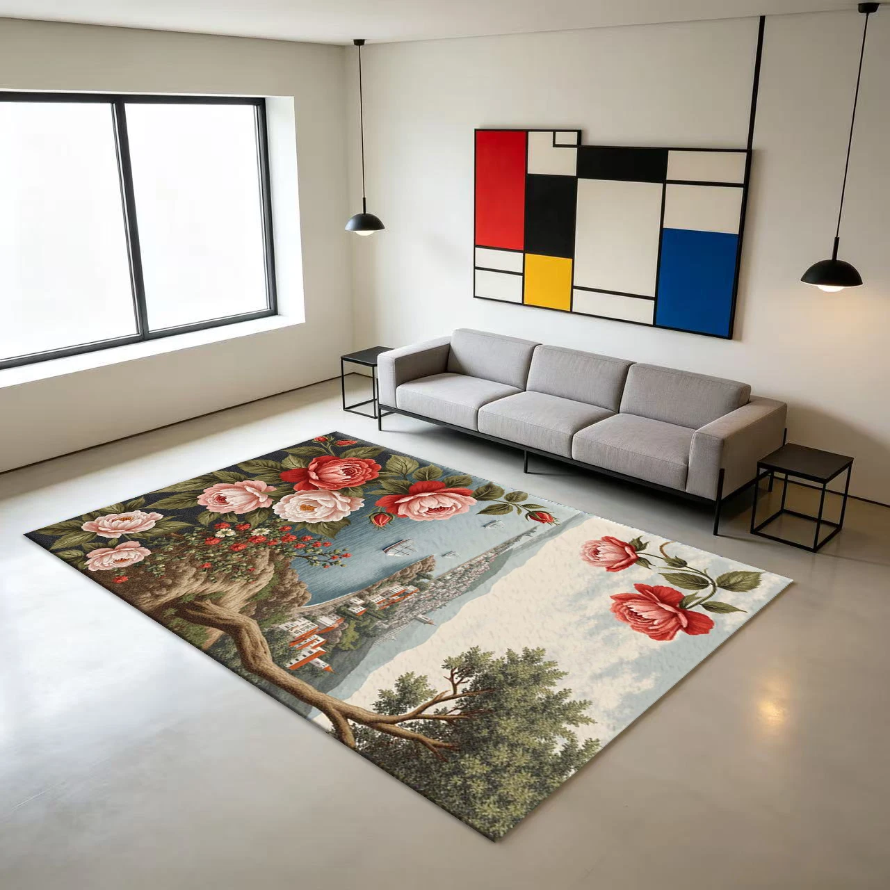 Vintage Rose Seaside Town Scenery Carpet Retro Landscape Floral Carpet Suitable for Living Room Study Home Decoration