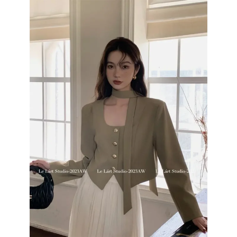 Korean Style Design Strap Irregular Coat Women's Autumn New French Style Short Long-sleeved Top