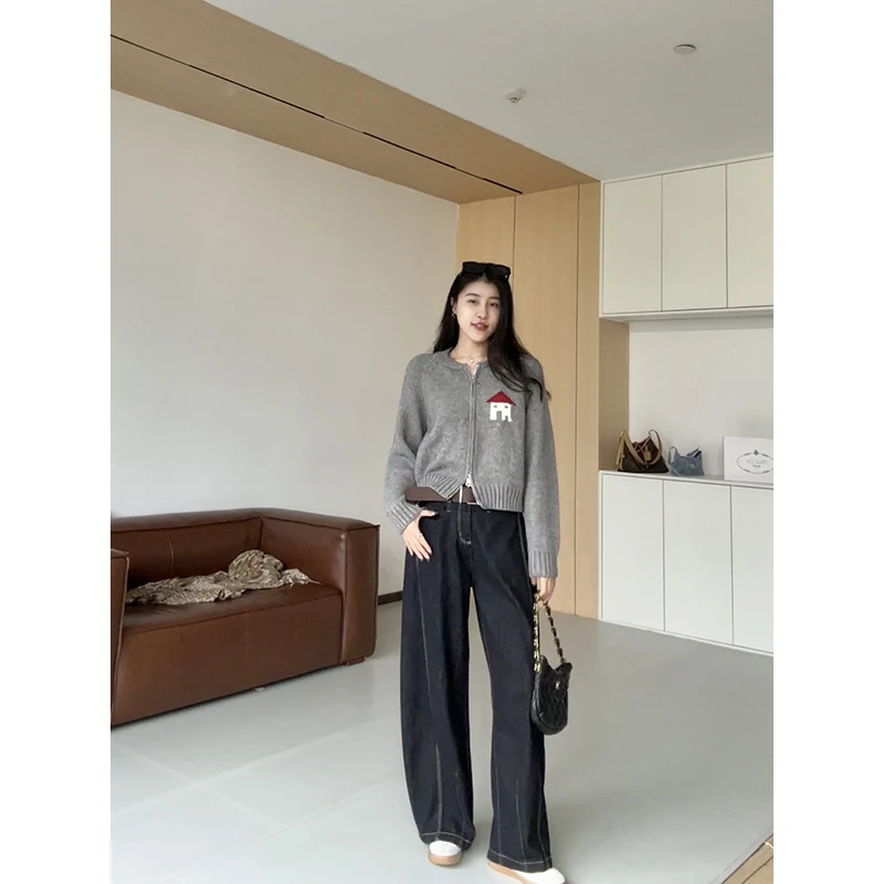 

Loose Fit Cartoon round Ne Double Zipper Sweater Versatile Long Pants Faion Set for Women Comfortable Casual Sle Spring...