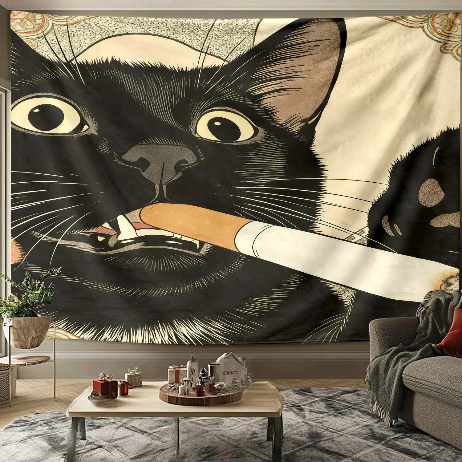 Large Black Cat Cigar Smoking Tapestry Wall Hanging Bohemian Boho Art Decor Polyester Fabric Poster for Living Room Bedroom Apar