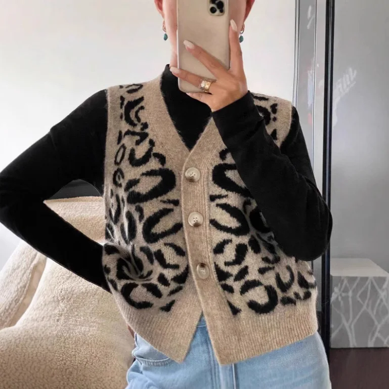 

Women Knitted Cardigan Casual Jumpers Leopard Print Color Block V Neck Sleeveless Loose Slight Strech Open Stitch 2025 Autumn