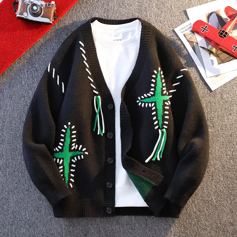 

Мужской кардиган на пуговицах с длинным рукавом и v-образным вырезом, осень-зима, свитер с завинчивающейся нитью, вязаный модный топ с геометрической вышивкой