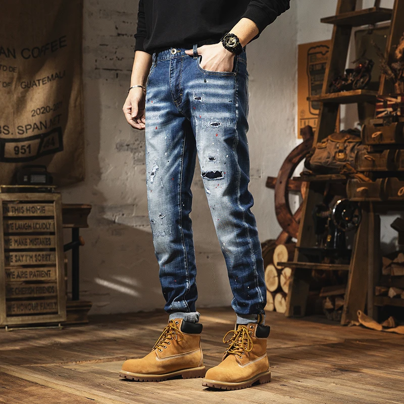 2024 new men's distressed men's spring/summer men's pants slim fit splashed ink scraped small feet casual jeans streetwear