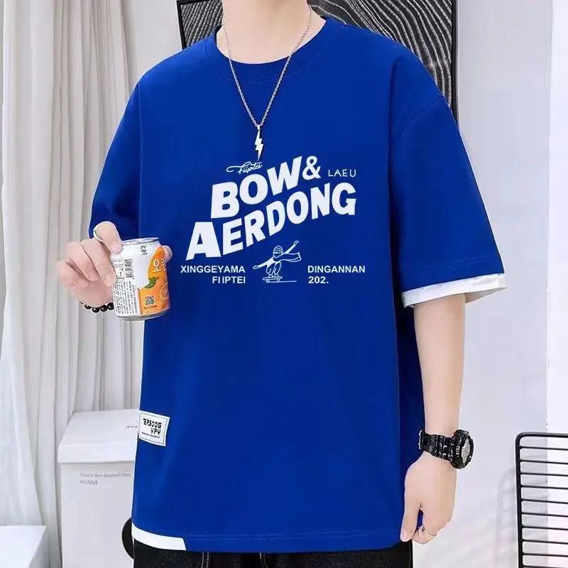 Fashion O-Neck Printed Letter Spliced Fake Two Pieces T-Shirts Men's Clothing 2024 Summer New Loose Casual Tops Korean Tee Shirt