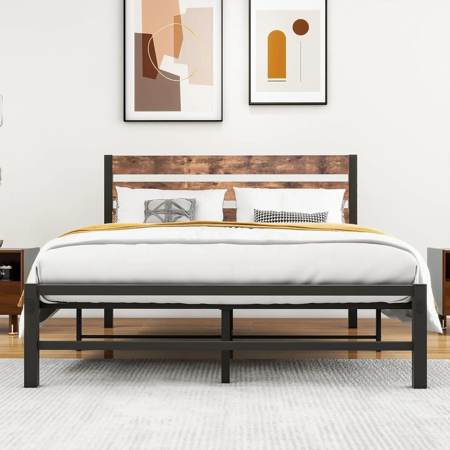 Double Metal Platform Bed Frame with Rustic Vintage Wooden Headboard, Mattress Foundation, No Box Spring Needed/Noise-Free