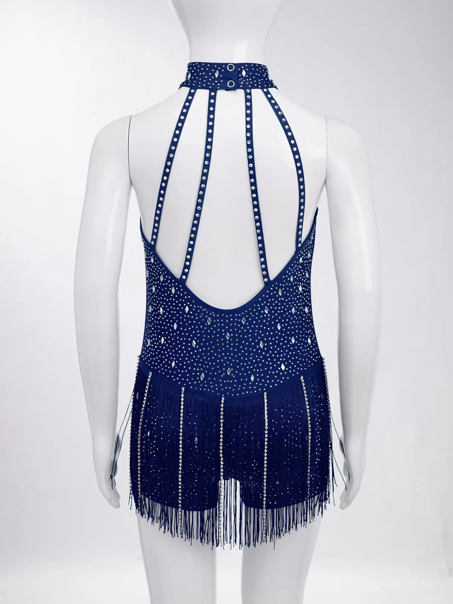 Dziecięcy kombinezon do tańca jazzowego z frędzlami, strój do tanga, cha-cha, latynoamerykańskich tańców, kostiumy sceniczne, body bez rękawów z wiązaniem na szyi, zdobione cyrkoniami.