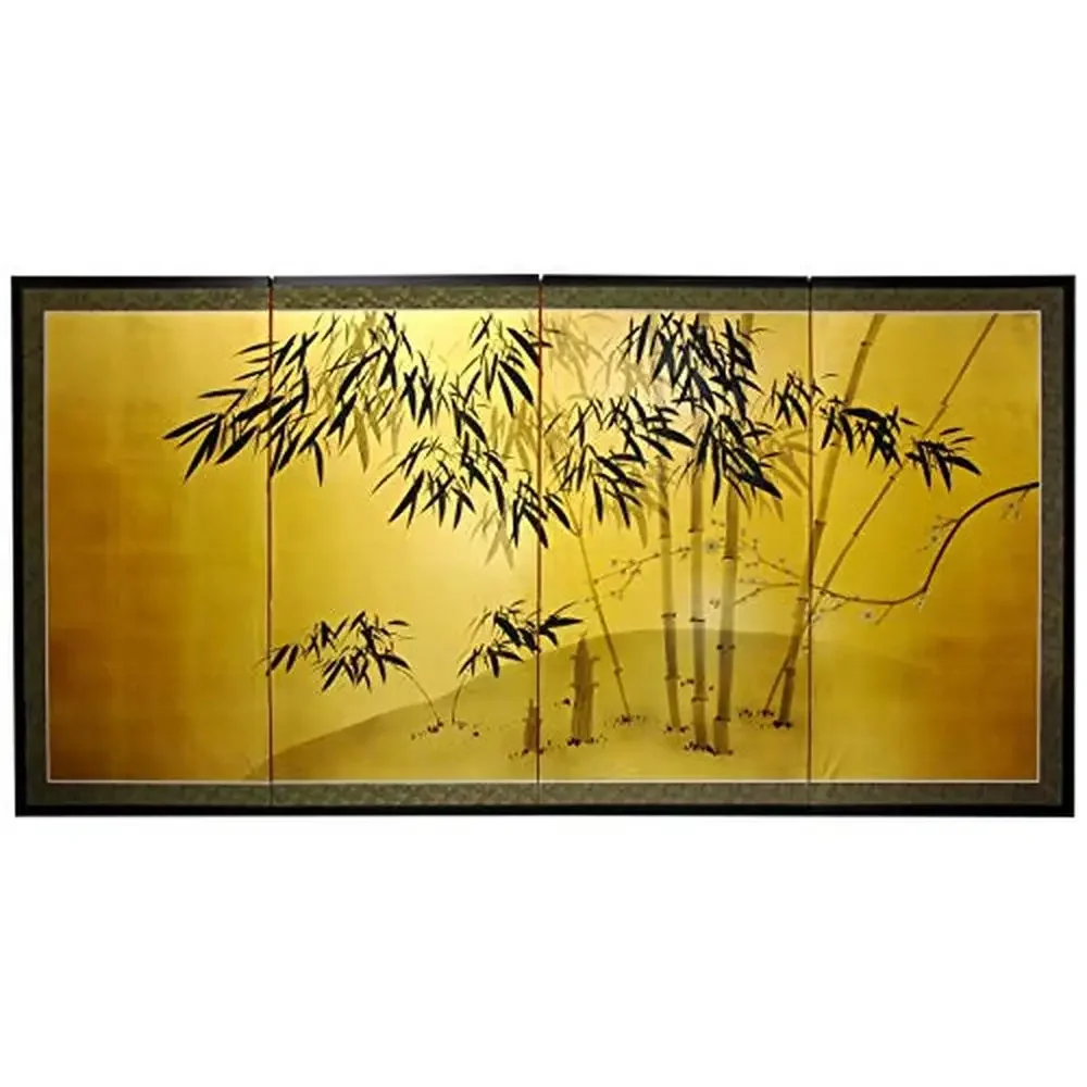 Japanese Sumi-e Ink on Gold Leaf Silk Screen Room Divider Panel 36