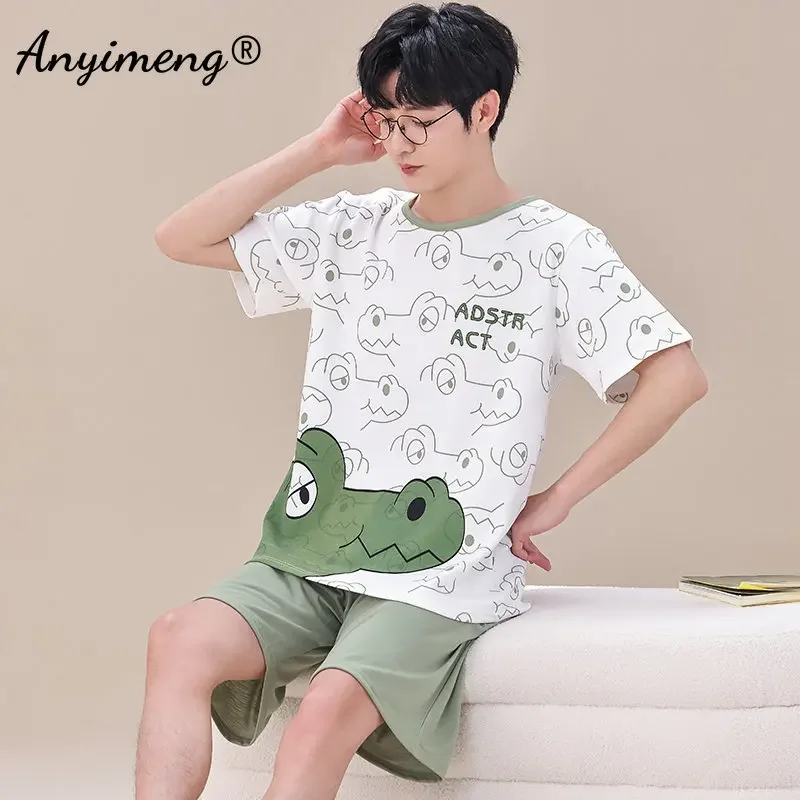 New Summer Knitted Cotton Men Pajamas Set Short Sleeve Shorts Sets Pajama Fashion Pyjamas for Men Bear Print Male Homewear