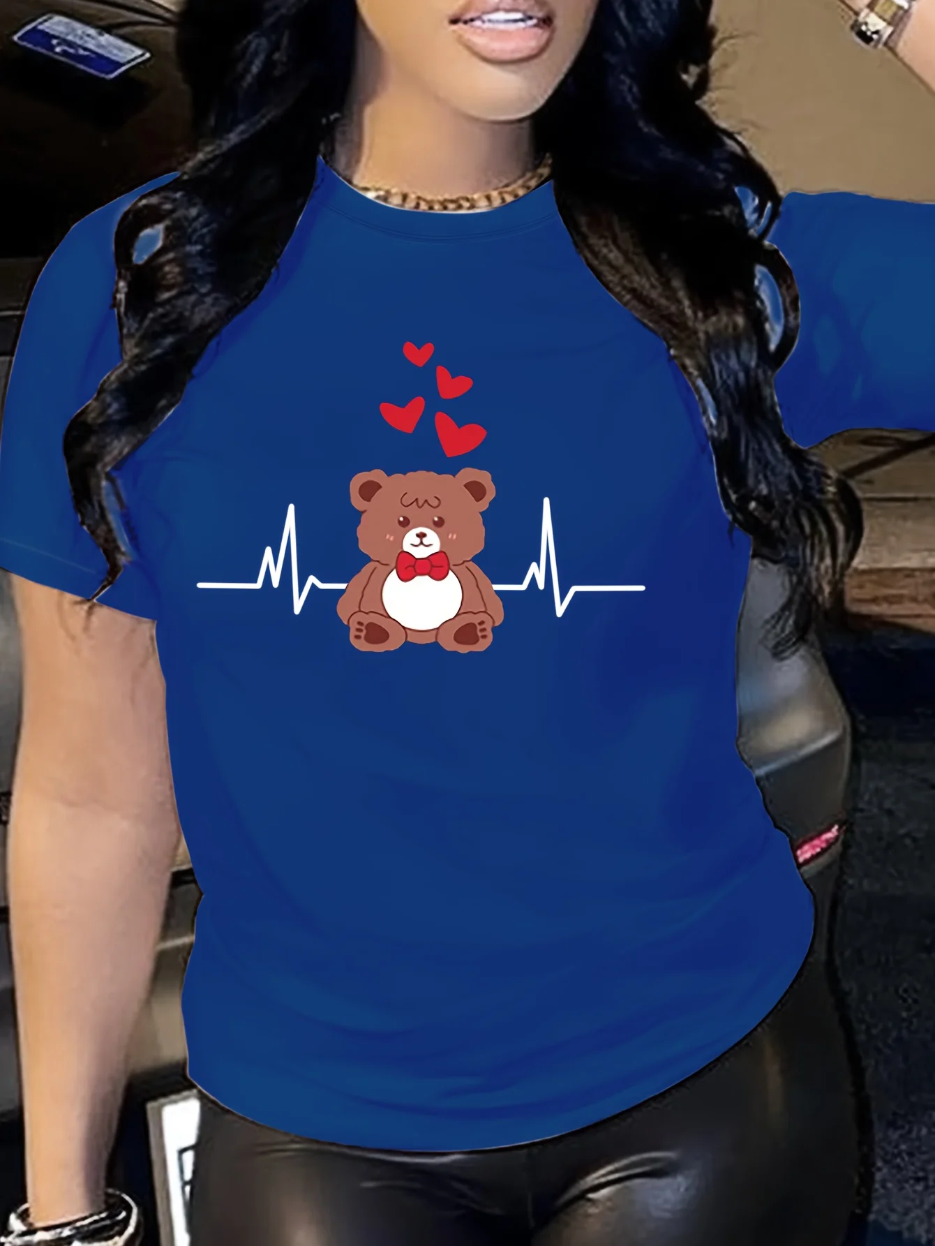 Teddy Bear Heartbeat Women's Tee - Cute Love Graphic, Casual Burgundy Top
