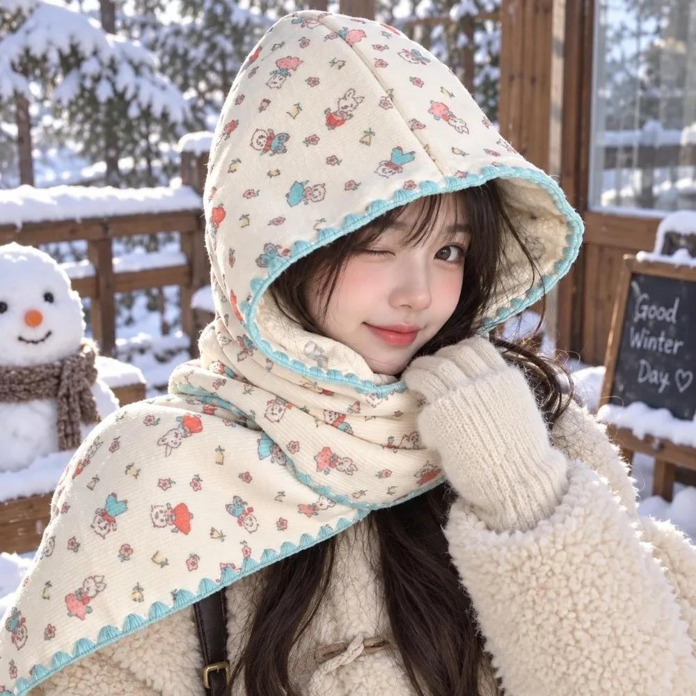 Cute Double-Sided Winter Scarf Hat Warm Thick Hooded Earmuffs Scarf Floral Print Convertible Two-In-One Hat Scarf Women