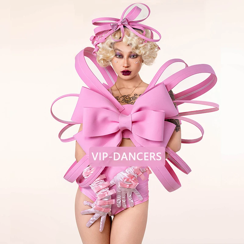 Bar Nightclub Gogo Party Clothing Cute Pink Bow Fancy Clothes Women Performance Clothes Christmas Costume Drag Queen Outfit 2362