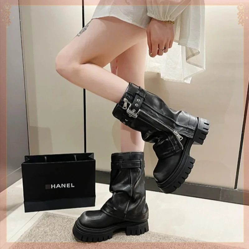 

Fashion Women Boots High Quality Leather Knight Boots New Platform Heel Mid Calf Boots for Women Luxury Side Zipper Shoe Zapatos