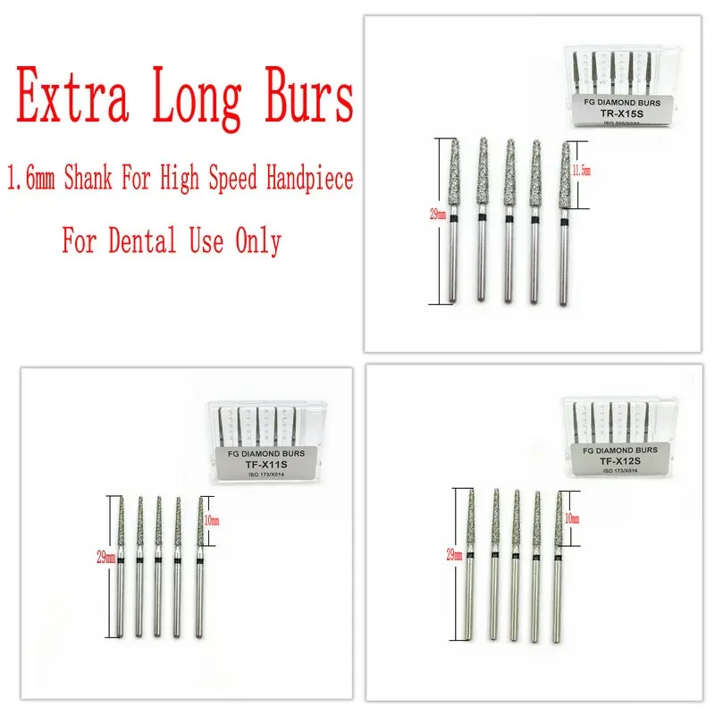 5Pcs/pack Extra Long Surgical Dental Diamond Burs FG 1.6mm for High Speed Handpiece Dental Diamond Drilling Bur for Dentistry