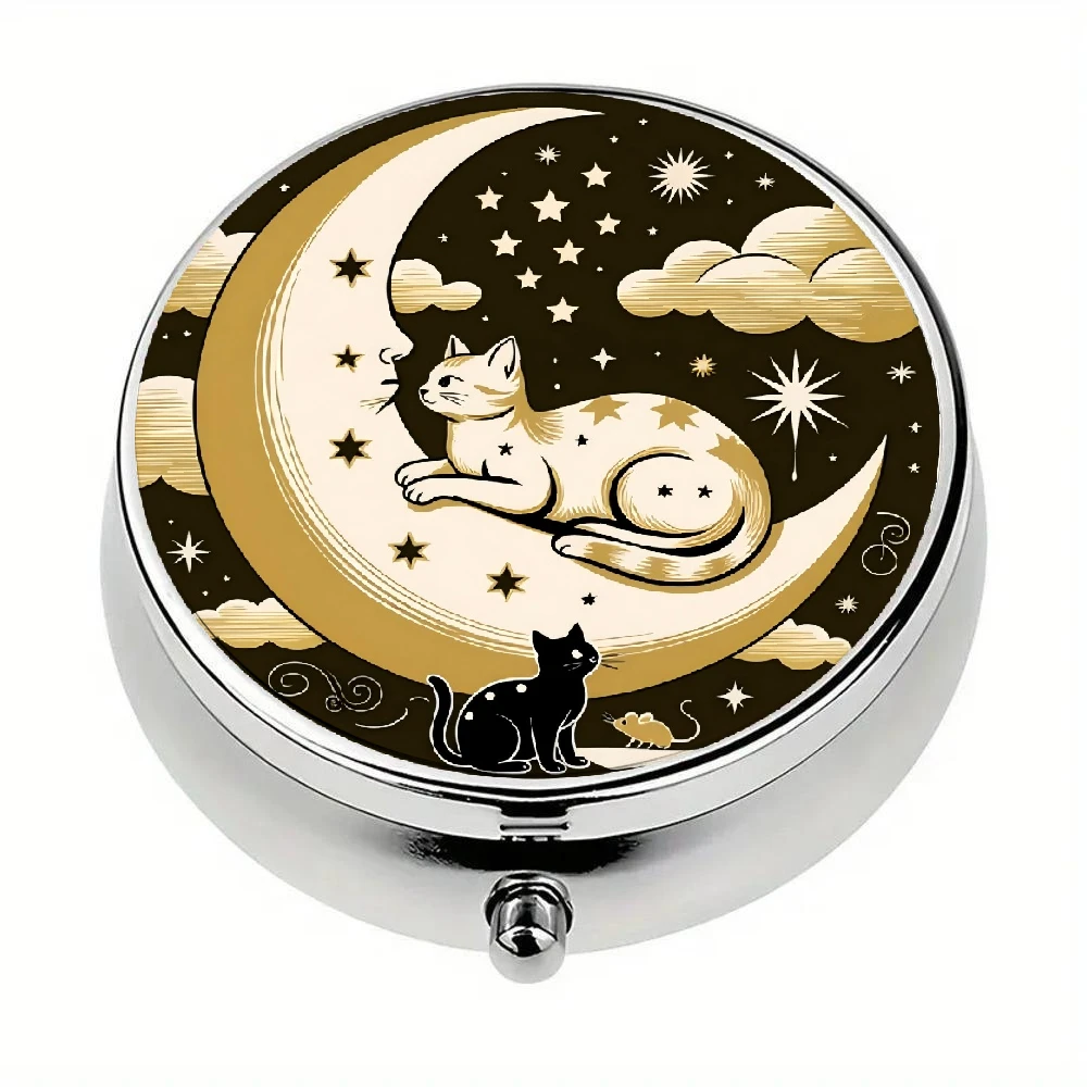 Single-piece, flat, round three-compartment box, designed with a circular pattern, metal storage box, decorative vitamin storage container, an excellent choice for personal use or as an exquisite gift