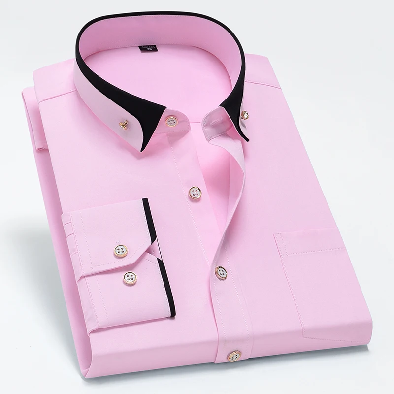 New Men's Business Shirt Long Sleeve Spring Autumn Contrast Collar Paired With Diamond Anti Wrinkle Buttoned Pink For Wedding