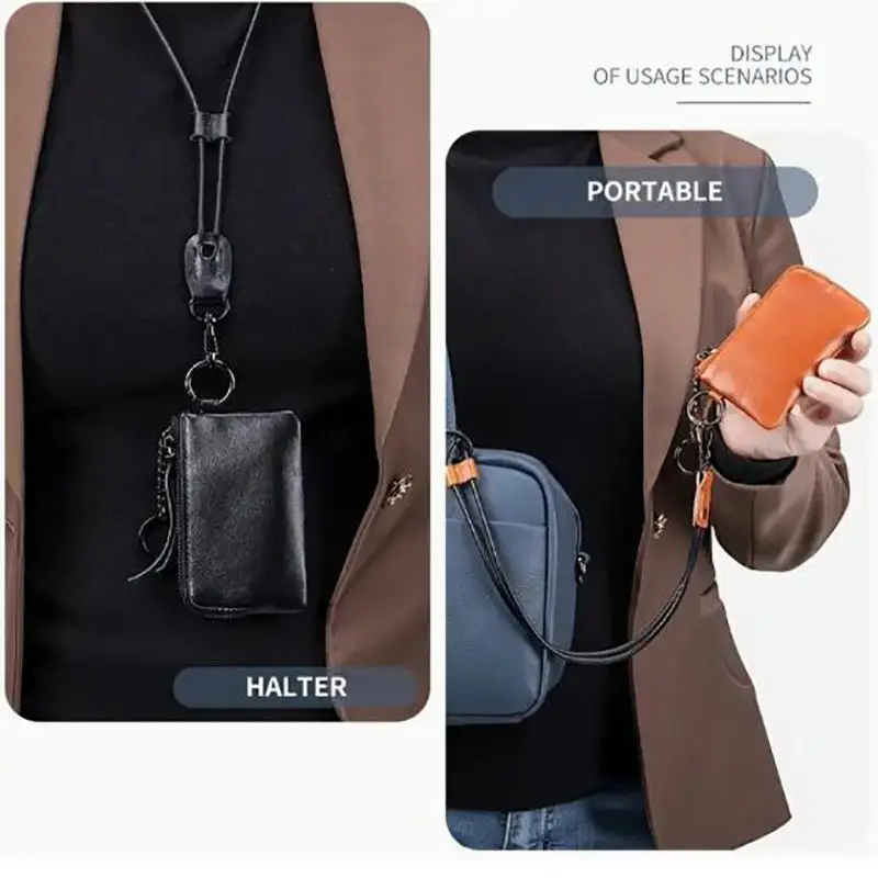 กระเป๋าใส่บัตร PU ขนาดเล็กแบบคล้องคอสำหรับผู้ชายและผู้หญิง พร้อมสายคล้องคอแบบผูกคอ กระเป๋าใส่เหรียญขนาดเล็กอเนกประสงค์ พร้อมพวงกุญแจ