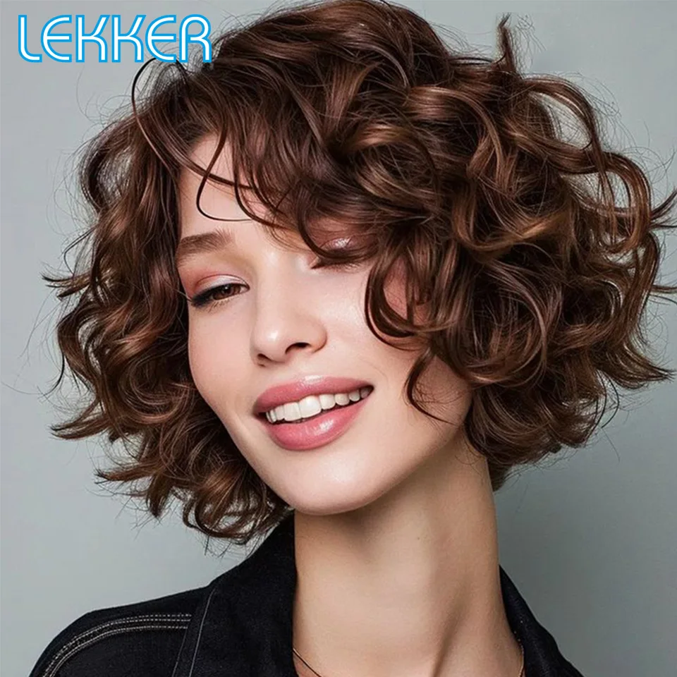 Lekker التخليص تمييز براون قصير متموج بوب C جزء الدانتيل الجبهة 100% باروكة من شعر طبيعي للنساء البرازيلي شعر ريمي غلويليس الباروكات #1