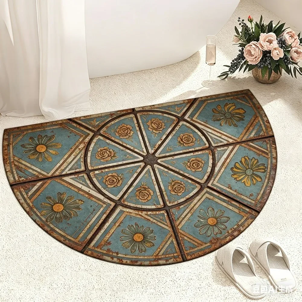 Moroccan Mosaic Semicircle Door Mat Geometric Boho Welcome Rug Teal Blue Gold Anti Slip Entrance Floor Mat Home Porch Decor