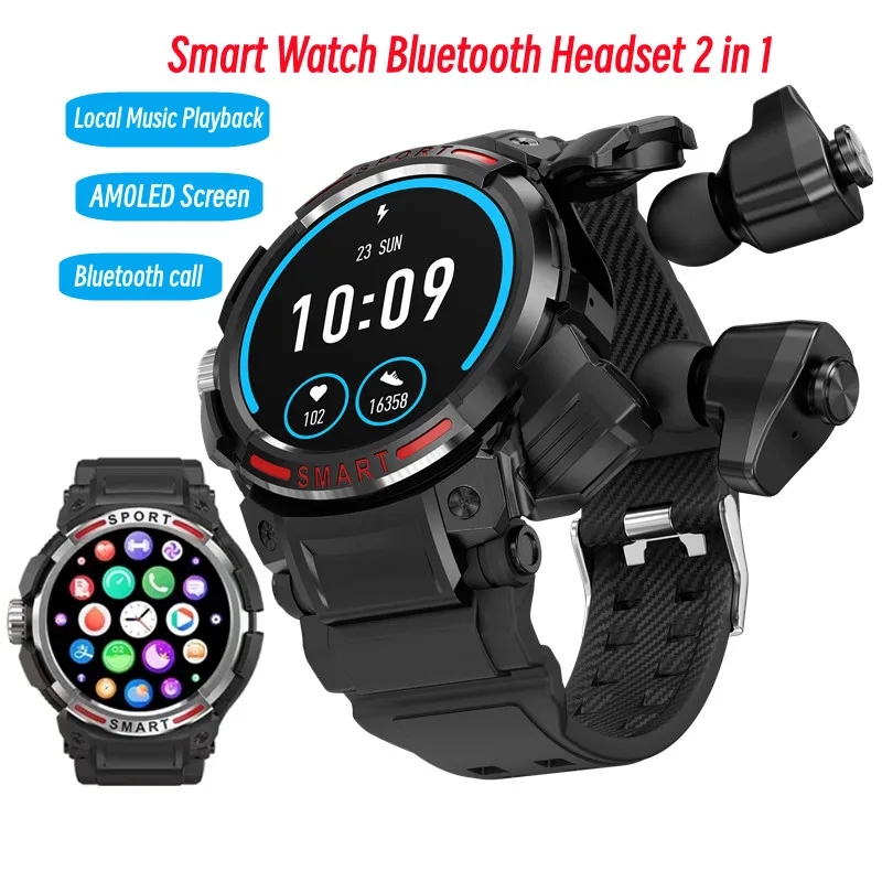 Original Smart Watch TWS Headphones 2-in-1 Men Outdoor Sports Watch Bluetooth Call Recording Watch Local Music Fitness Tracker