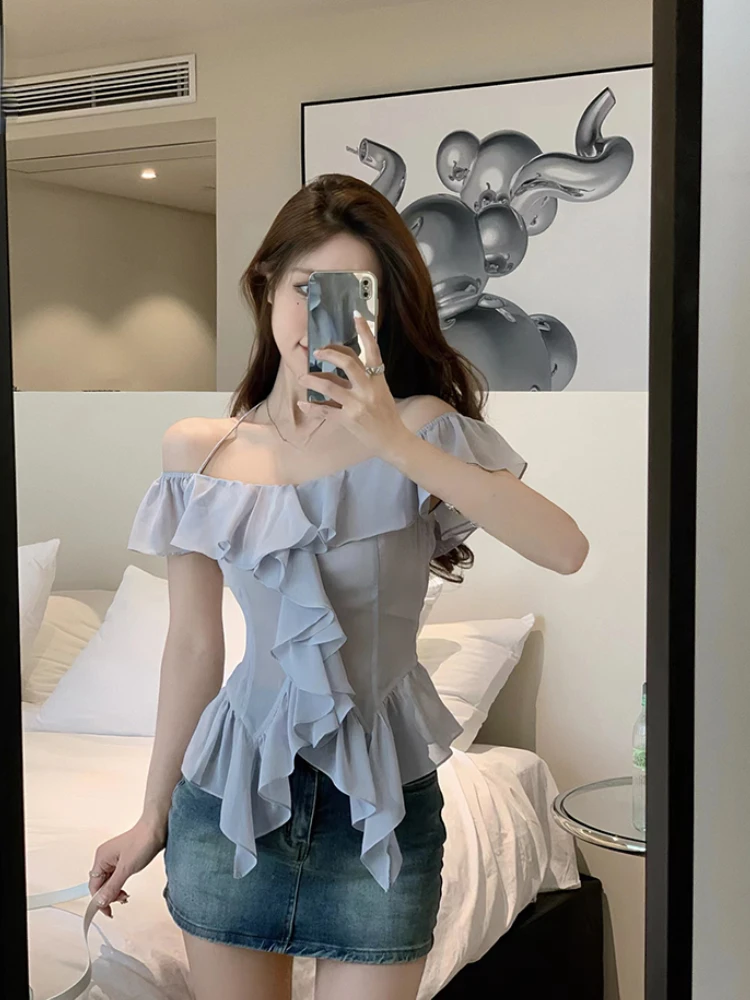 Elegant 2 Piece Skirt Sets Summer 2024 French Harajuku Y2k Crop Tops Blouse Chiffon Shirt Straight Neck Sexy Slim Denim Skirts