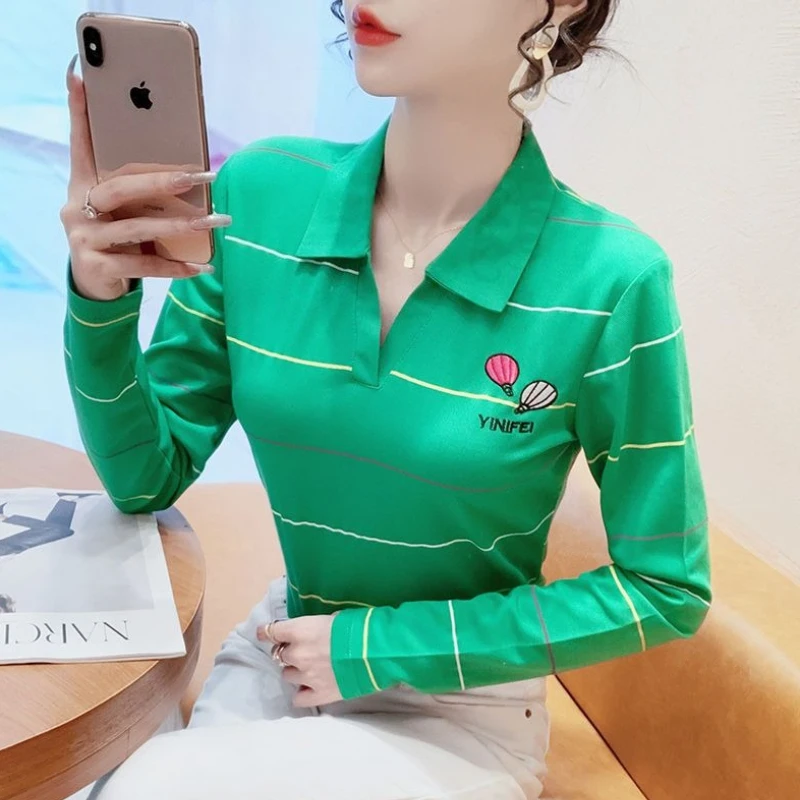 

Женская весенне-осенняя футболка с лацканами, приталенная, в полоску, с длинным рукавом, легкая, для ношения под одеждой