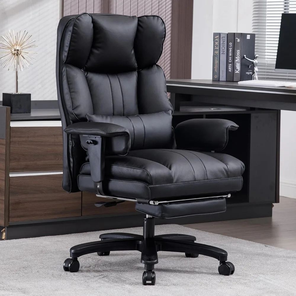 

Big and tall office chair with 500 lbs weight capacity, wide seat, high-back design, footrest, and ergonomic lumbar support