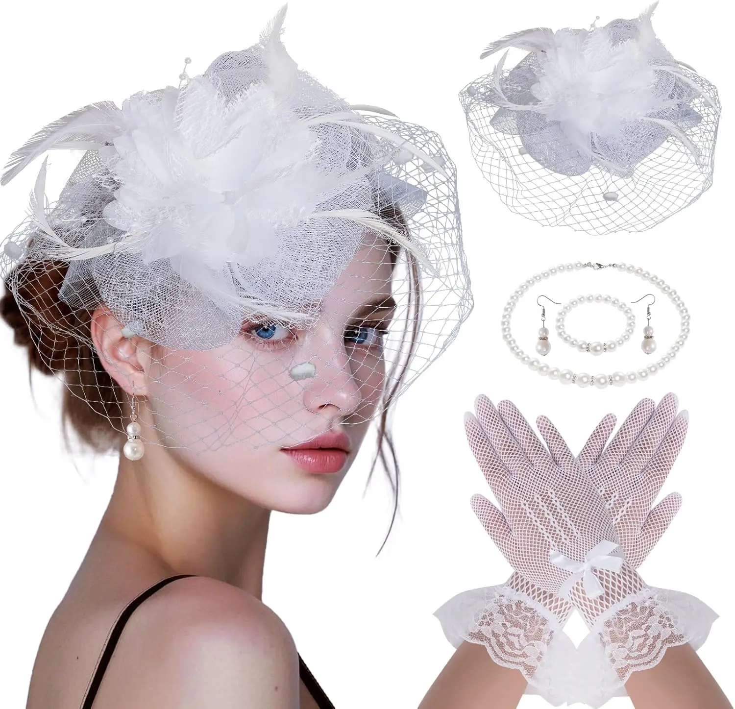 

5Pcs Tea Party Hat and Gloves Set for Women, Fascinators Hats with Short Lace Gloves Pearl Necklace Bracelet Earrings
