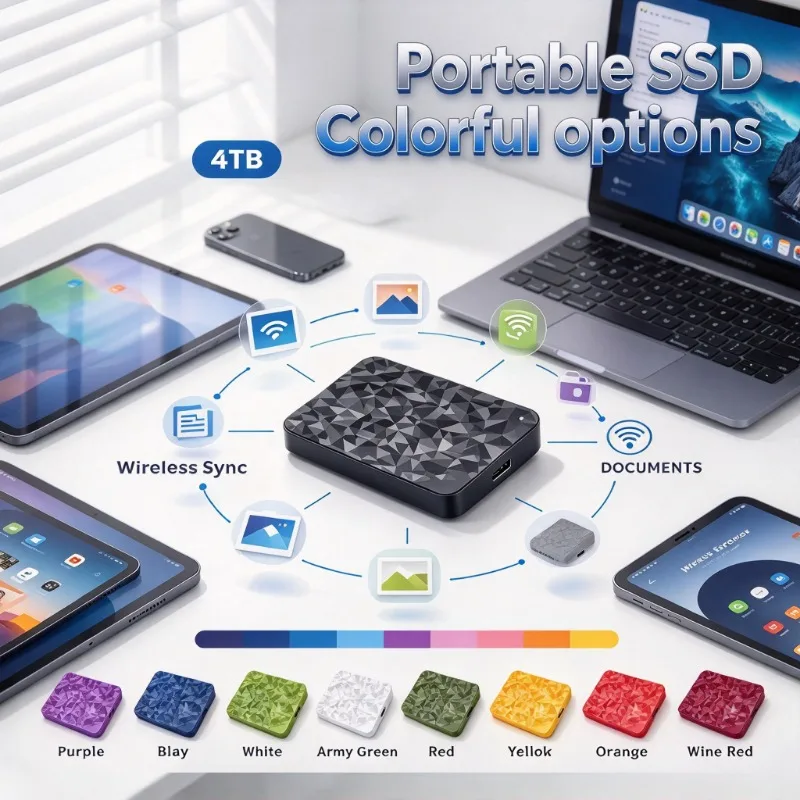SSD externo portátil de 4 TB com textura diamantada, disponível em várias cores, com alta velocidade e armazenamento sem fio para laptops, PCs e smartphones – unidade de estado sólido.
