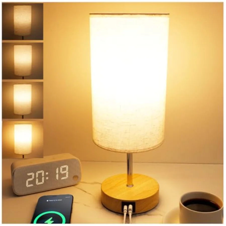 

Touch Control Bedside Table Lamp with USB-C Charging Ports, 4-Way Dimmable Nightstand Lamp with Wood Base and Fabric Shade for