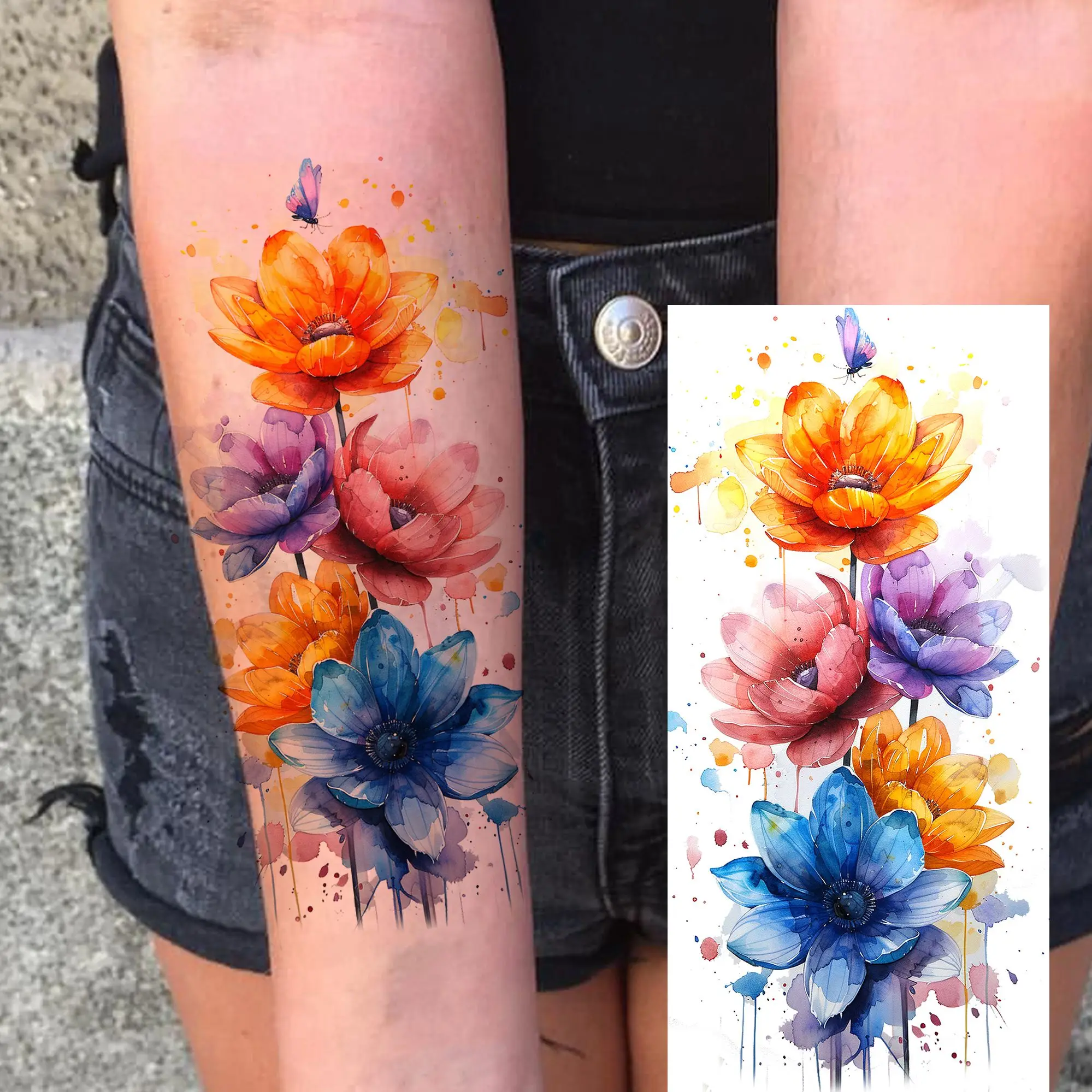 1 Sheet Beautiful Watercolor Flowers Butterfly Temporary Tattoos For Women Waterproof Realistic Fake Tattoo Sticker Long Lasting