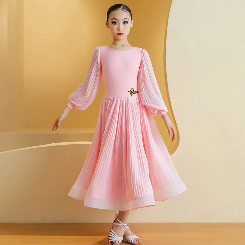 Pink Ballroom Dance Dress Girls Standard Waltz Competition Clothes Kids Tango Modern Dancing Show Clothing Winter Dancewear 1865