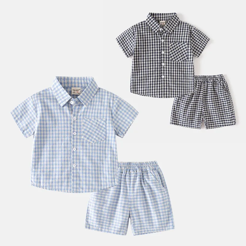 

New Summer Kids Grid Set 2-6T Boys Thin Style Short Sleeved Shirt +Short 2PCS Children Casual Outfit