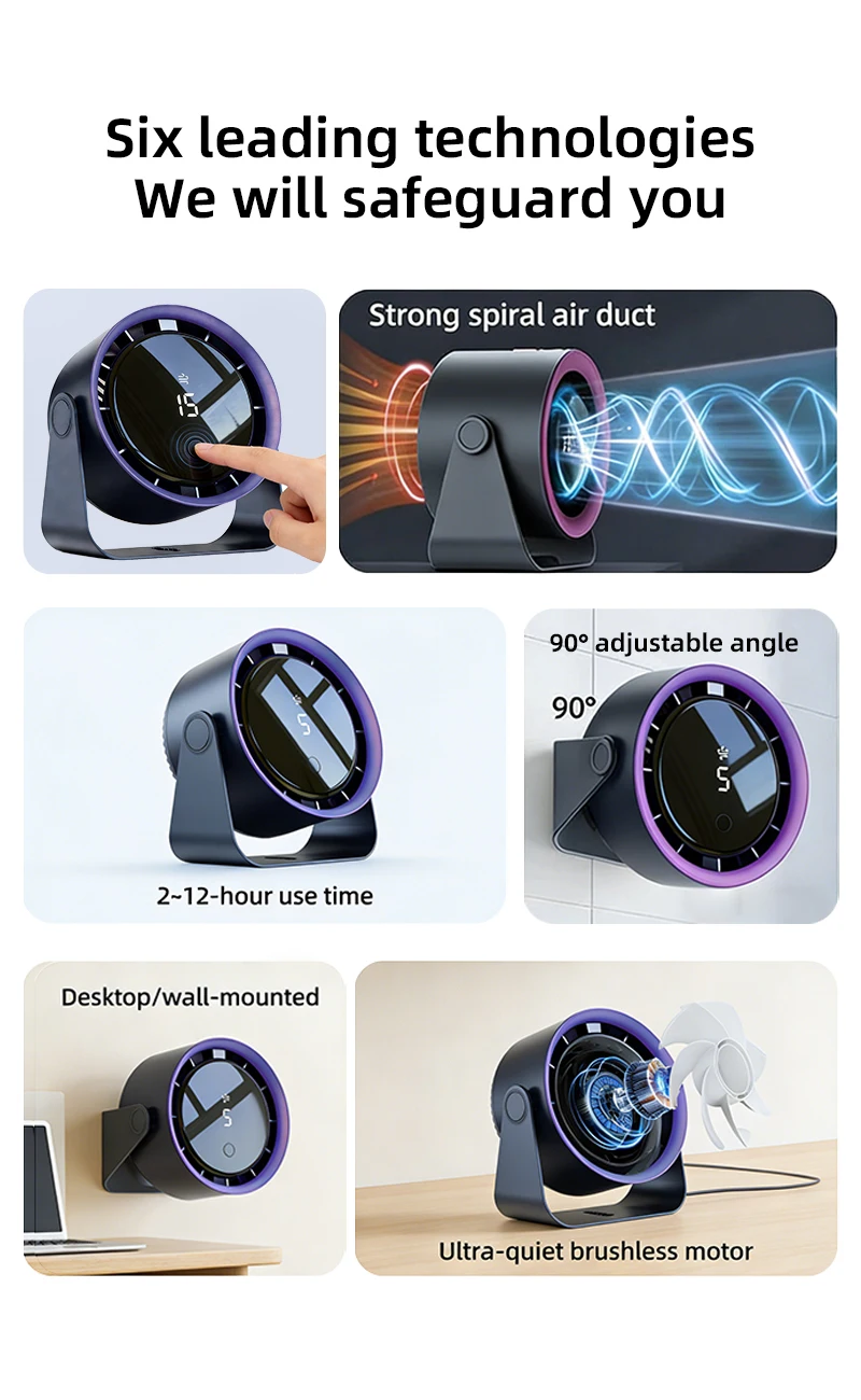 Cordless Wall Mount Fan USB Rechargeable 90° Tilt Quiet Desk Air Circulator Portable No Drill Fan for Home Office