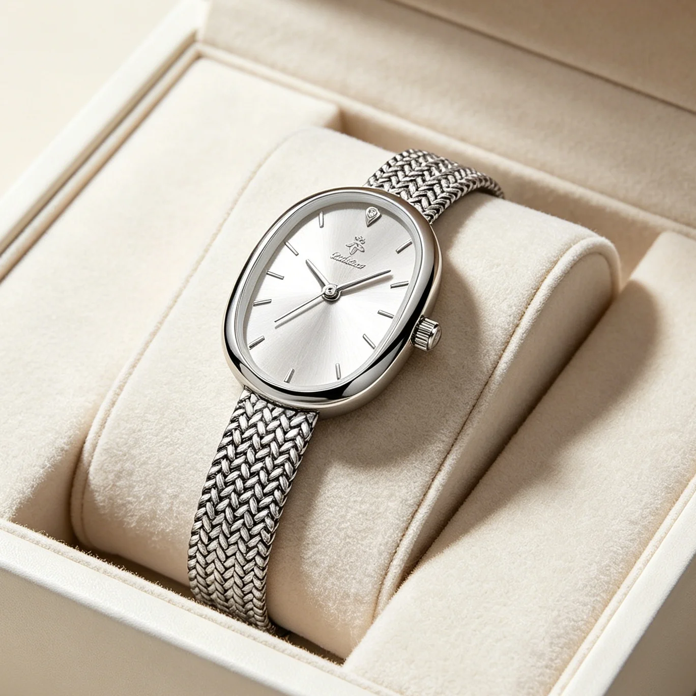 YaLaLuSi Minimalist Silver Ladies Wristwatch Oval Egg Shape Case White Dial Thin Braided Wheat Mesh Band Fashion Quartz Watch For Daily Office Commute Outfits
