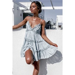 2021 Floral Print Summer Dress Women  Strap Backless Sexy Party Beach Pink Casual printing Mini Dresses