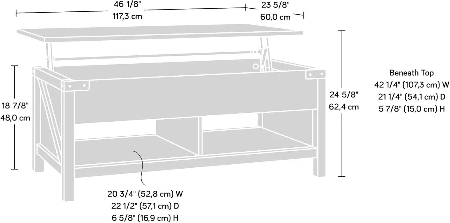 브리지 에이커 리프트 탑 커피 테이블, L: 46.18 인치, X W: 23.62 인치, X H: 18.90 인치, 린텔 오크