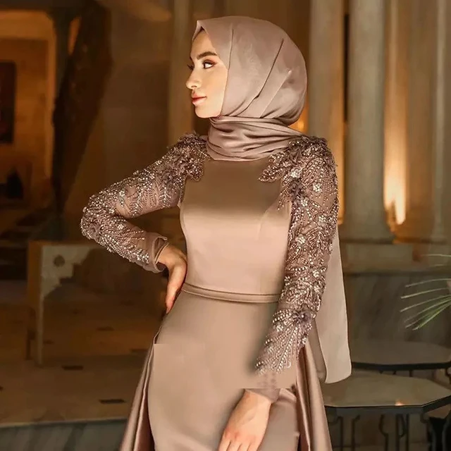Uzun kollu musluman ba ortusu abiye yuksek boyun fas kaftan saten boncuklu aplikler orgun parti k yafeti Robe De Soiree AliExpress