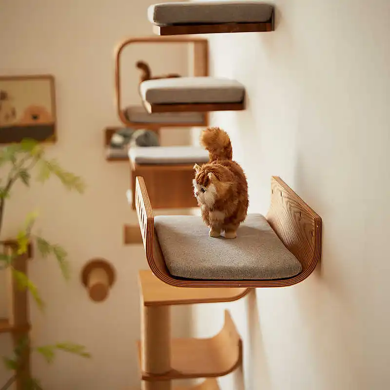 

Деревянное настенное кошачье дерево и когтеточка, всесезонная всепогодная подвесная платформа для прыжков без кошек