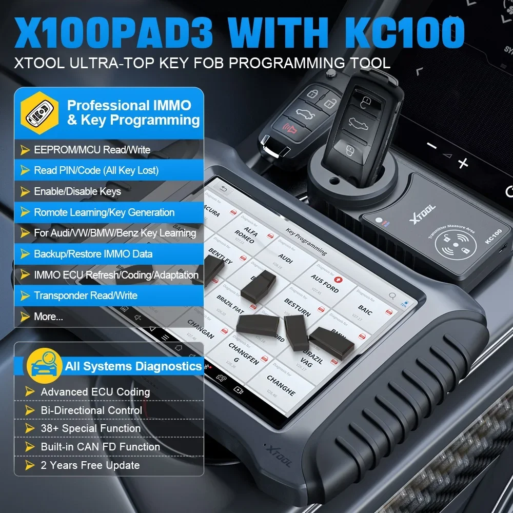 XTOOL X100 PAD3 Elite lMMO KeyProgrammer All Key Lost Car Diagnostic Tools Automotive Scanner With KC100 Key Fob Programming