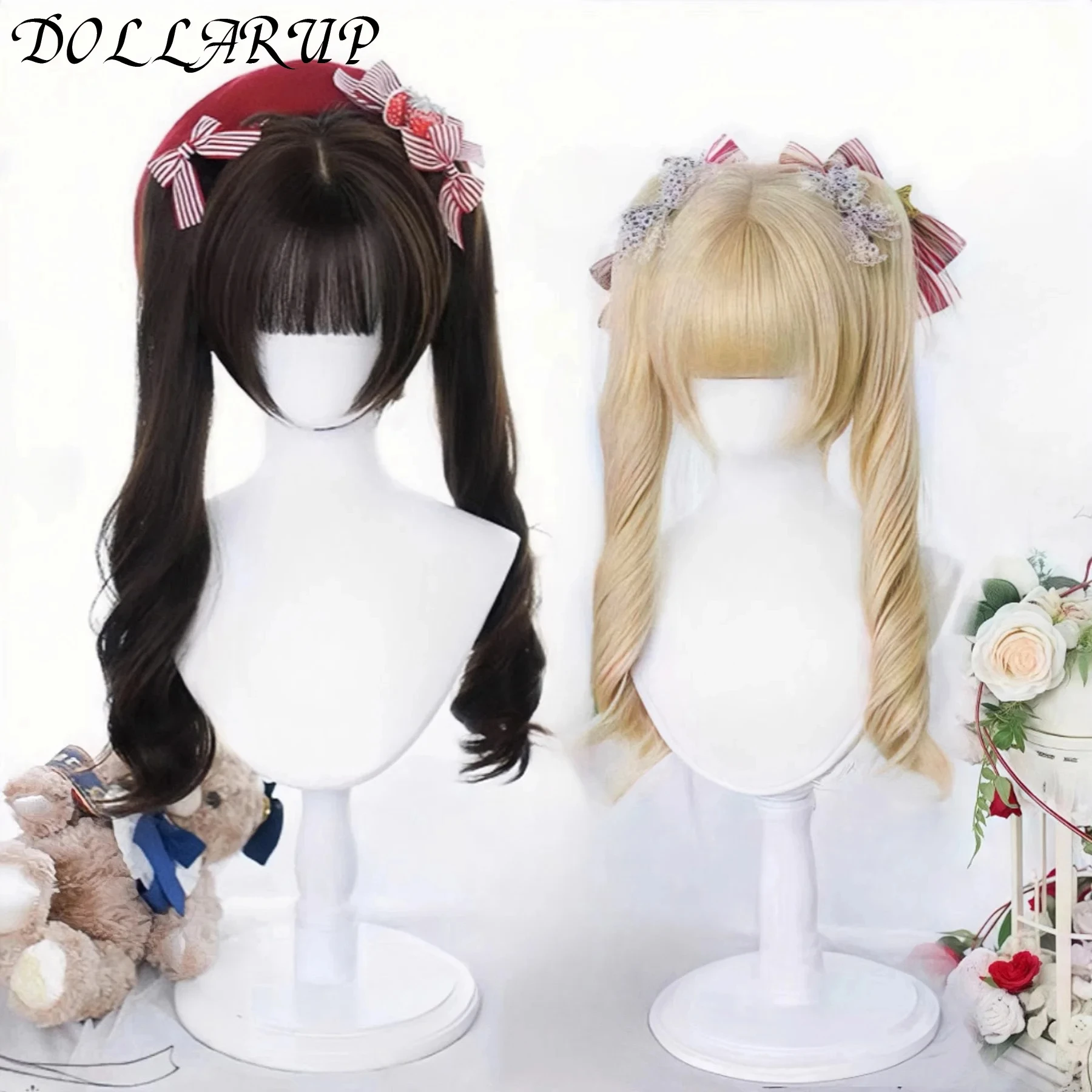 JKL Synthetic Princess Cut Double ponytail Lolita Wig with Bangs Wig Girl Cute Ombre Blonde Black Cosplay Halloween Harajuku Wig