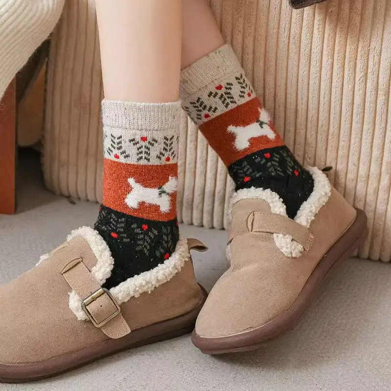 5 pares de calcetines de invierno para mujer, calcetines largos con forro polar de media pantorrilla, gruesos, cálidos, bonitos, grises, con patrón de perro de dibujos animados